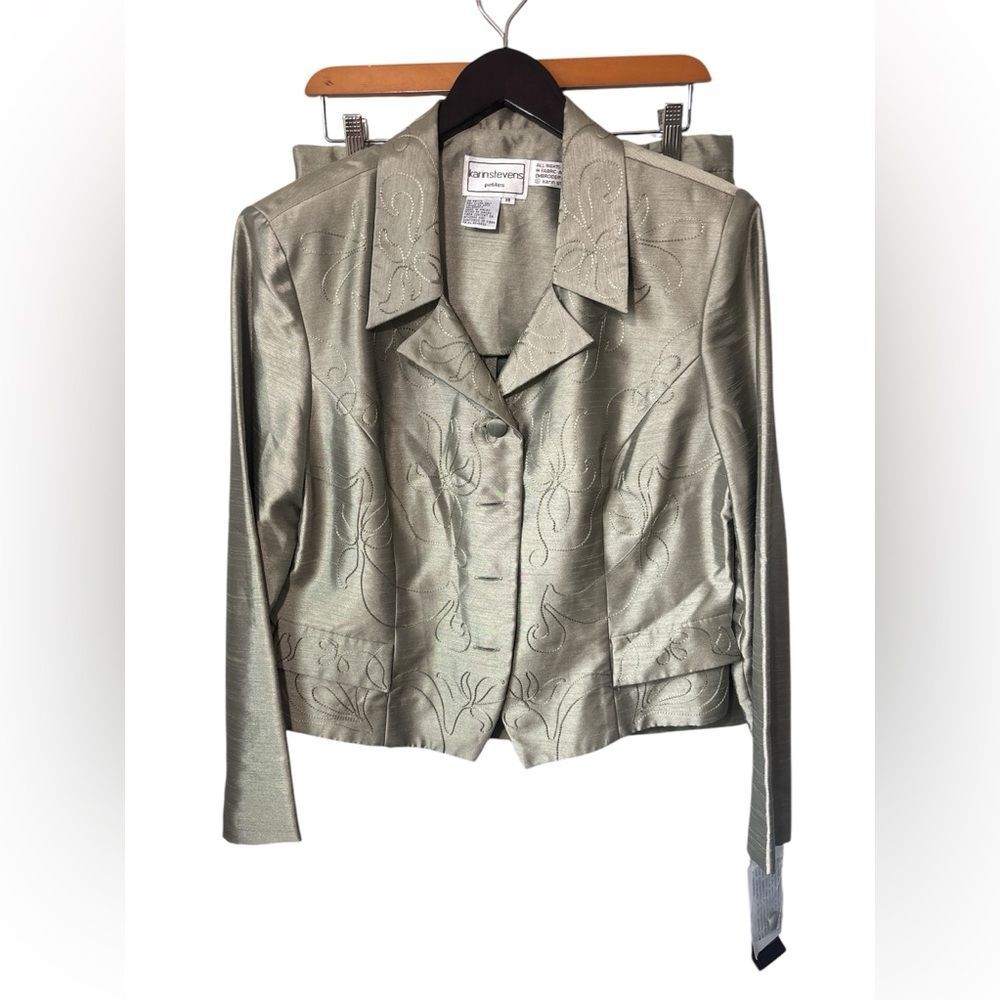 NWT Karin Steven's Petite Sage Green Brocade Skirt Suit 14P. Formal, Business